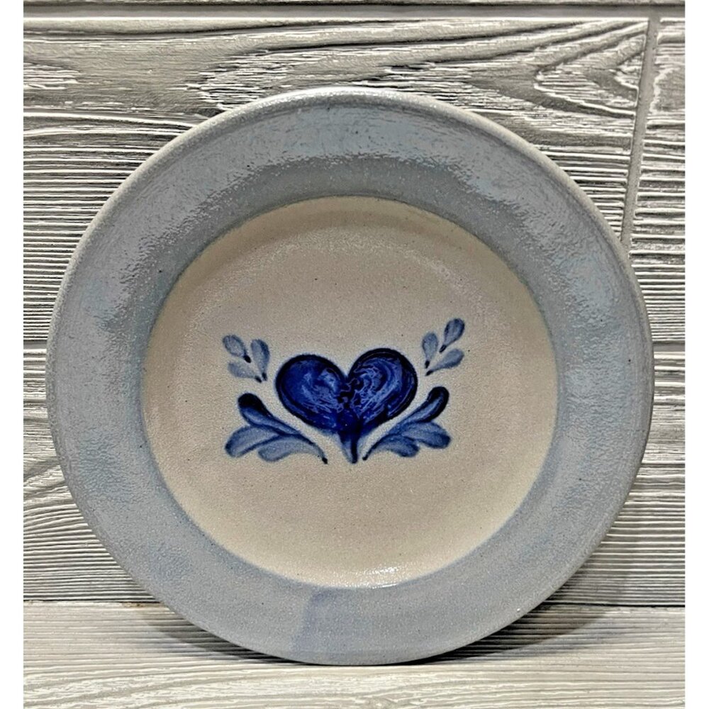 Rowe Pottery Works Plate Salt-Glazed Stoneware 8.5” Blue Heart Signed